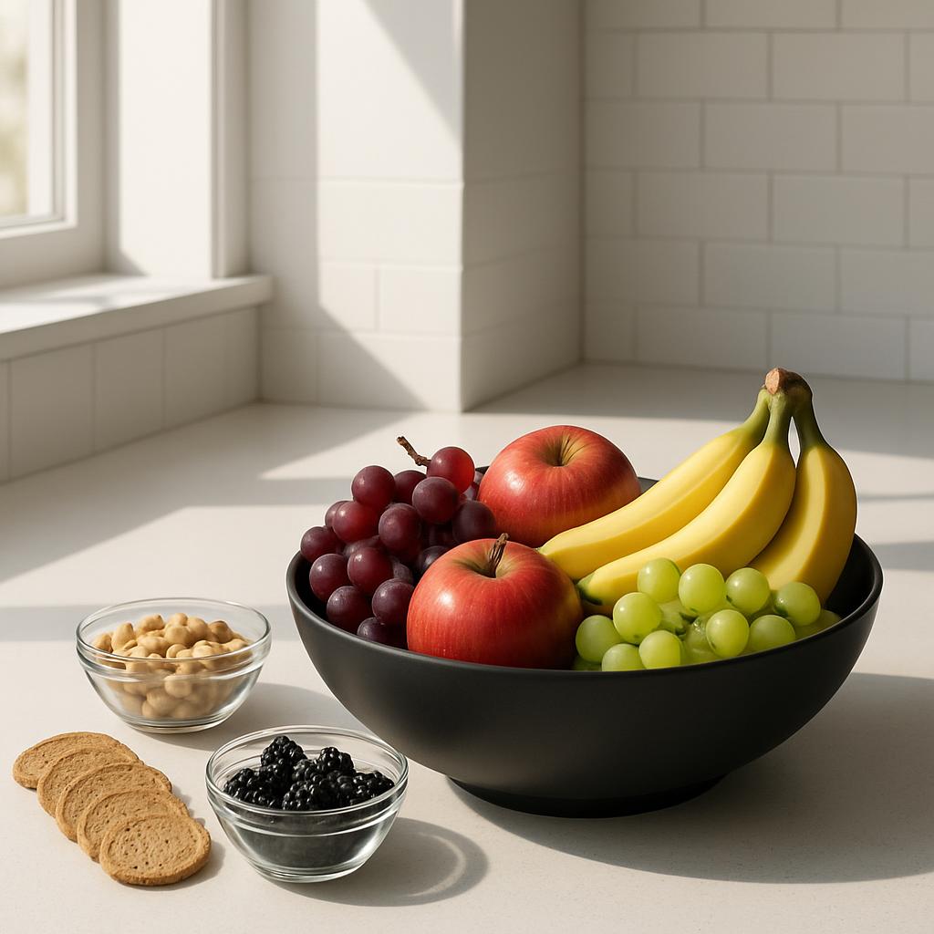 A bowl of assorted fresh fruits, including red apples, green grapes, a bunch of bananas, and red grapes, with a small bowl...