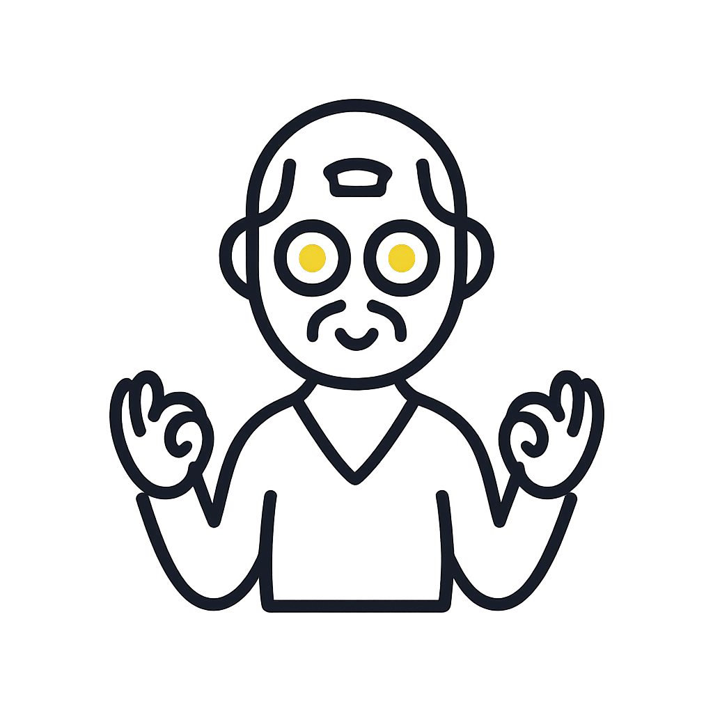 A puzzled figure with yellow eyes on a black background.